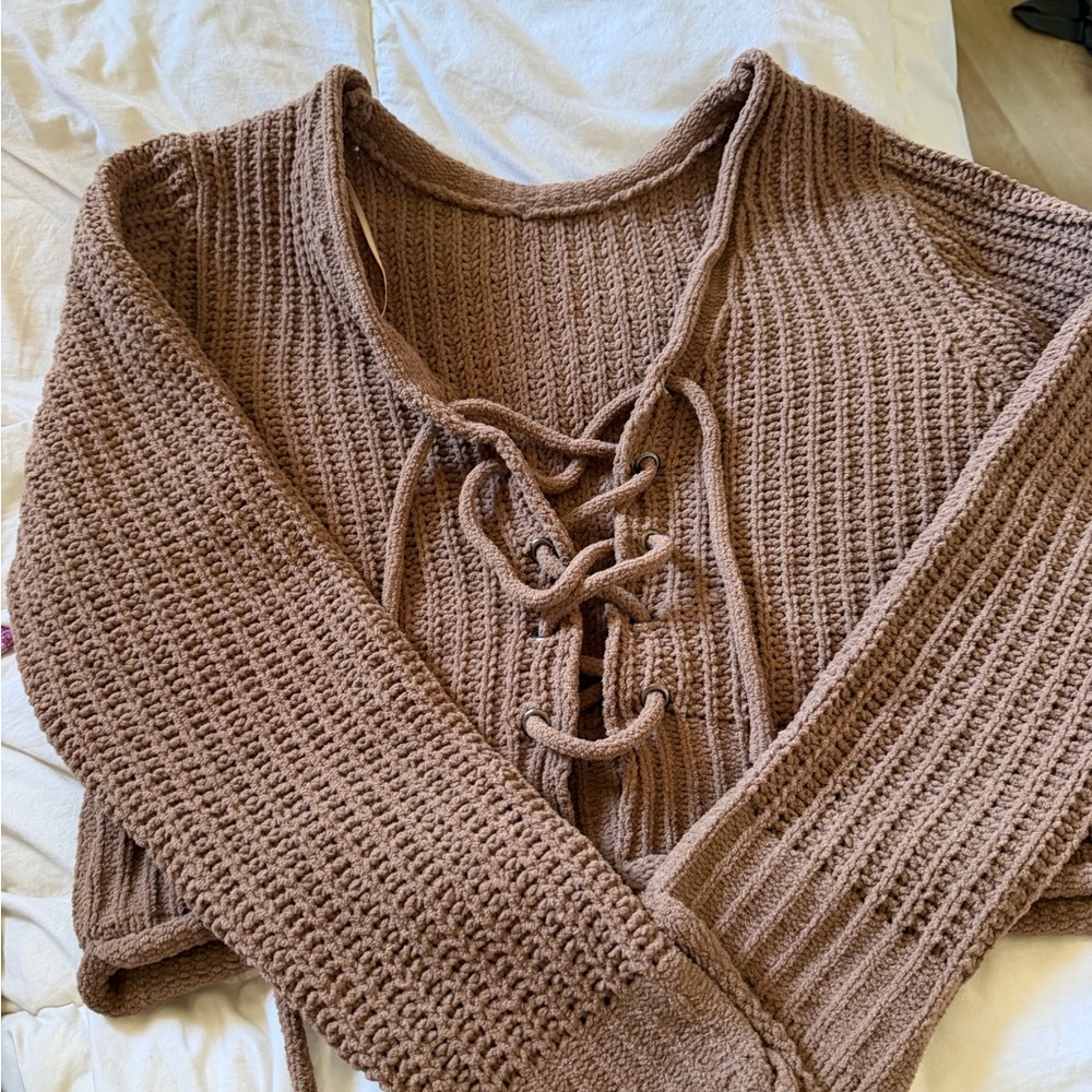 Lace-Up Chunky Knit Sweater in Taupe